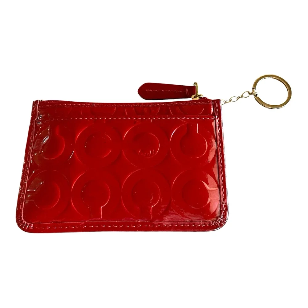 COACH Embossed C Red Patent Leather Gold Key Ring Small Skinny Card Case Top Zip